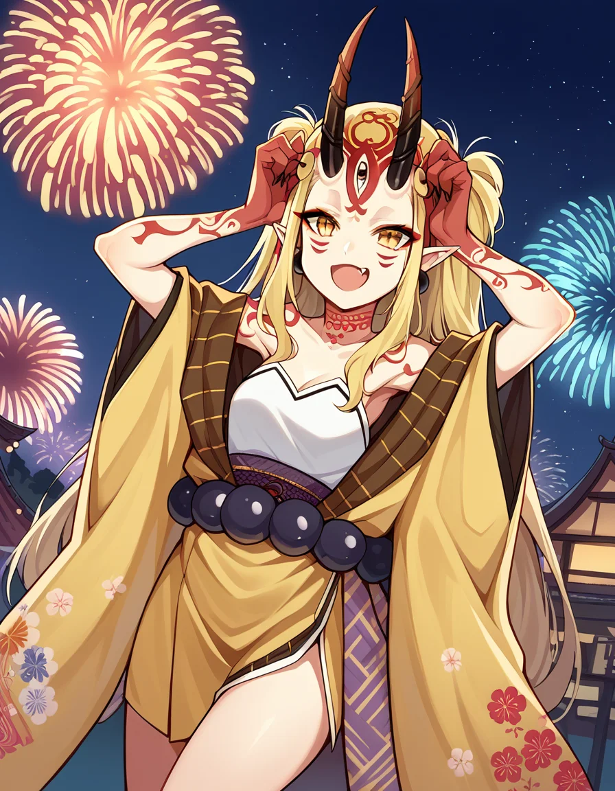 score_9, score_8_up, score_7_up, source_anime, <lora:fgo-ibaraki-douji-ponyxl-lora-nochekaiser:1>, ibaraki douji, blonde hair, facial mark, fang, forehead, horns, long hair, oni, oni horns, pointy ears, yellow eyes,, earrings, japanese clothes, jewelry, kimono, leg tattoo, neck tattoo, oni, oni horns, shoulder tattoo, tattoo, yellow kimono,, festival, fireworks, summer night, food stall, traditional, arms up,, smile, , hand making an OK sign, solo,, cowboy shot, dutch angle