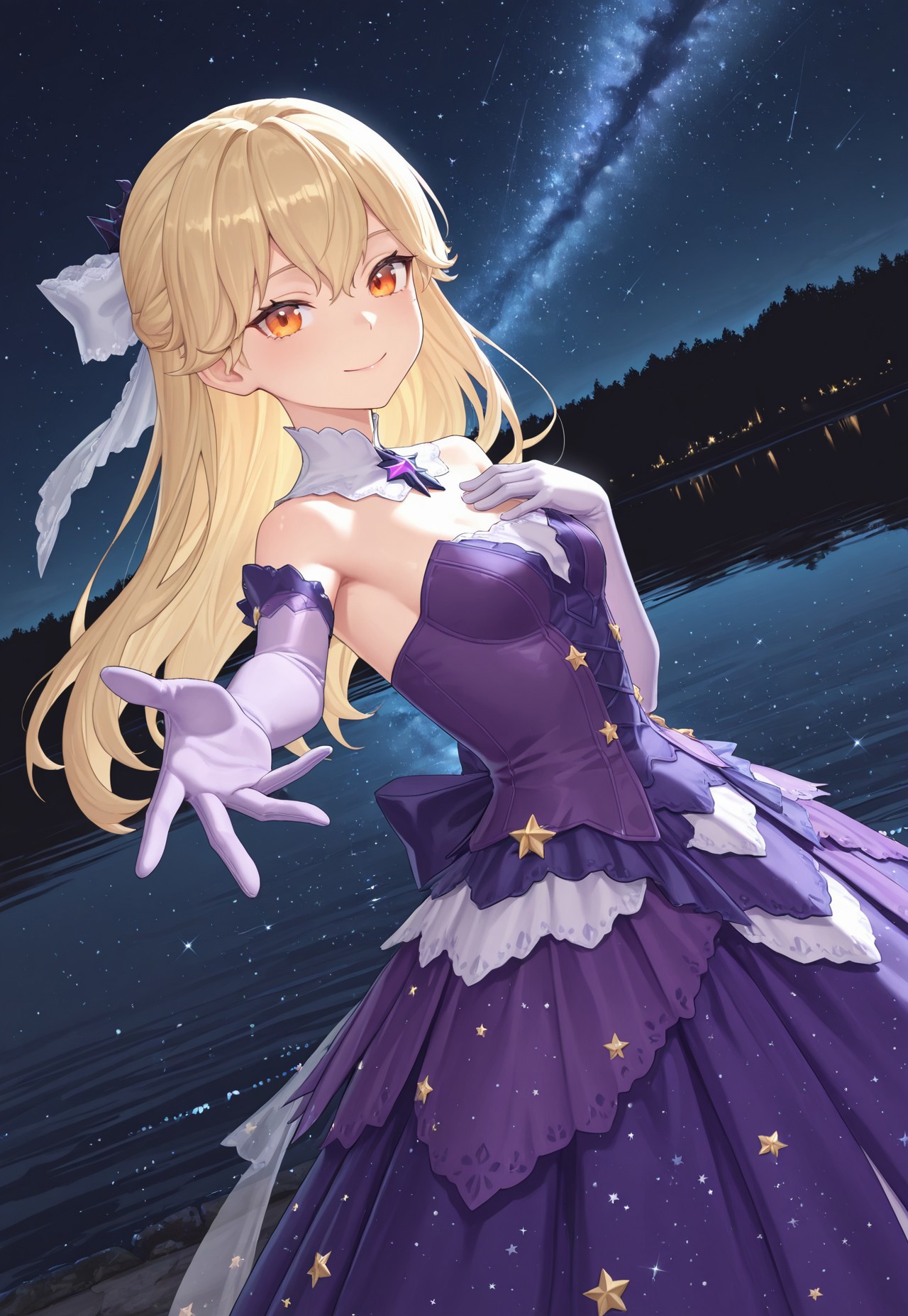 1girl, solo, masterpiece, best quality, outdoor, lake, night, starry sky, star, sky, KRViska, 1girl, solo, blonde hair, gloves, long hair, white gloves, orange eyes, small breasts, purple dress, elbow gloves, star (symbol), bare shoulders, purple gloves, smile, reaching out, dynamic angle, one hand on chest, looking at viewer,
masterpiece, best quality, amazing quality, very aesthetic, absurdres, newest,

