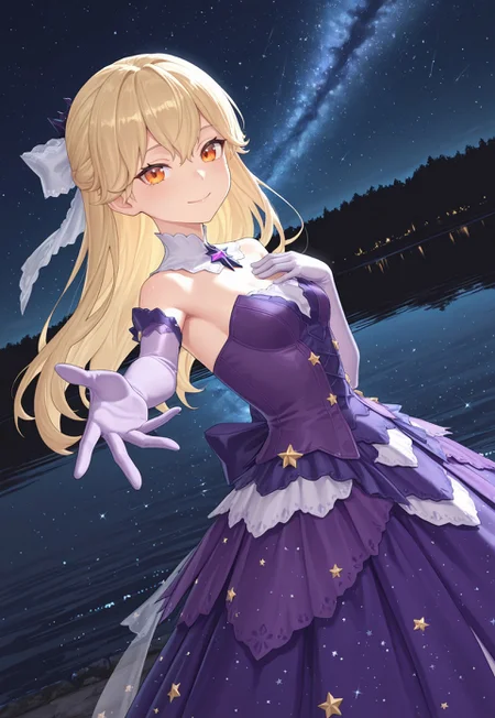 1girl, solo, masterpiece, best quality, outdoor, lake, night, starry sky, star, sky, KRViska, 1girl, solo, blonde hair, gloves, long hair, white gloves, orange eyes, small breasts, purple dress, elbow gloves, star (symbol), bare shoulders, purple gloves, smile, reaching out, dynamic angle, one hand on chest, looking at viewer,
masterpiece, best quality, amazing quality, very aesthetic, absurdres, newest,