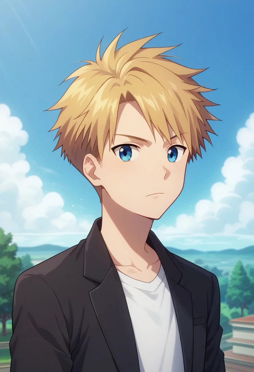 score_9, score_8_up, score_7_up, source_anime, highly detailed, 
yamakizu, 1boy, male focus, solo, blonde hair, upper body, short hair, blue eyes, open clothes, jacket, black jacket, shirt, white shirt,
outdoor, sky, tree