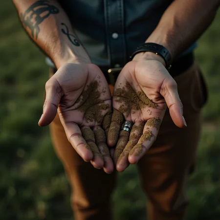 <lora:Hand v2:1>
detailed edges, detailed image, perfection style, A cinematic detailed high angle from above image of a man with dirty hands and dirt on them, movie themed, sharp, detailed background, epic cinematic photography, artistic style, dramatic light style, cinematic color style, Kodak 35mm film style, detailed style, hand focus style, solo, shirt, 1boy, jewelry, male focus, outdoors, belt, pants, blurry, blurry background, ring, close-up, black belt, brown pants, multiple boys, 2boys, realistic, wedding ring, grass, yaoi, outstretched hand, hand focus
