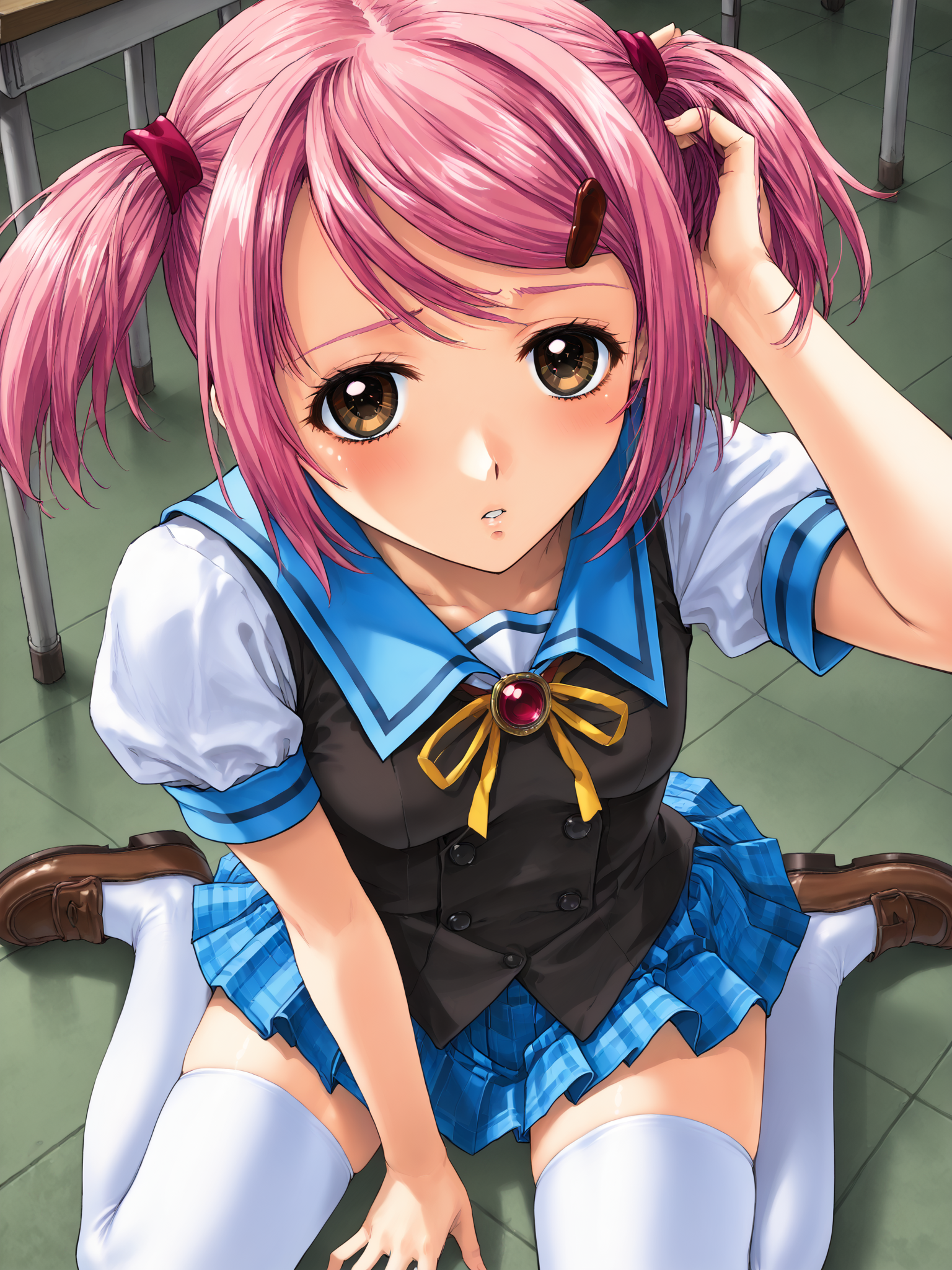 score_9, score_8_up, score_7_up, source_anime, BREAK
 detailed face, detailed eyes,  classroom, full body, sitting on floor, shy, embarrassed, (looking up at viewer:1.5), pov, (from above:1.5), (perspective:1.5), (adjusting hair:1.5), parted lips, (confused:1.5), BREAK
solo, <lora:Akiyama_Konomi_Pony_v2:0.9>, short hair, short twintails, hair ornament, hairclip, small breasts, flat chest, red brooch, yellow ribbon, sailor collar, puffy sleeves, (black vest, black buttons:1.5), blue skirt, plaid skirt, pleated skirt, (white thighhighs:1.3), loafers,