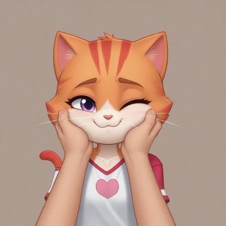 SuperKitties, Anthropomorphic body, Ginny, mammal, furry, orange tabby munchkin, \(artwork\), 2023, solid color background, human hands (skin tone: white peach skin), shaded, portrait, fur, female, biped, short stack, purple eyes, red stripes, cat tail, ears down, brown thin eyebrows, one eye opened, light pink solid color shirt, oversized shirt, one shoulder off, magenta dolphin shorts, looking at the viewer, one eyelash, POV both hands on cheeks, hand holding, smiling, sad, mouth closed, no hair only fur, shading, oval-shaped head, white whiskers, white vanilla colored hands and feet (paws) close up