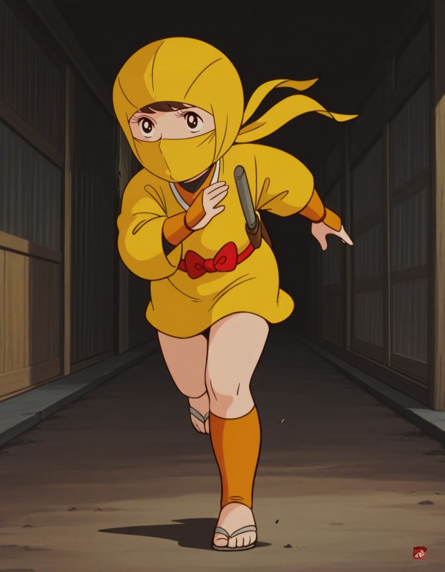 masterpiece, best quality, solo, full body, running, incoming attack, 
<lora:Sakura:1>, saku4a, black eyes, 1970s \(style\), (yellow ninja mask, ninja headwear),