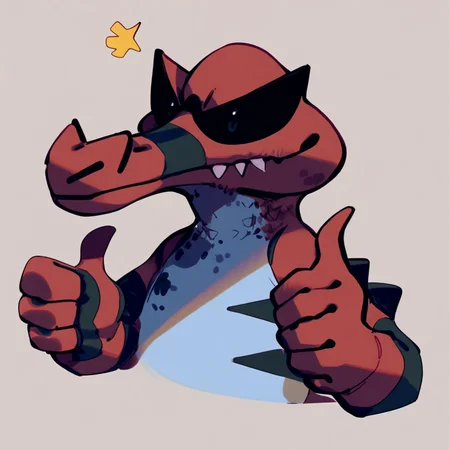 Score_7_up, score_8_up, upper body, krookodile, pokemon (creature), crocodile,  red and black scales, (thumbs up), simple background,