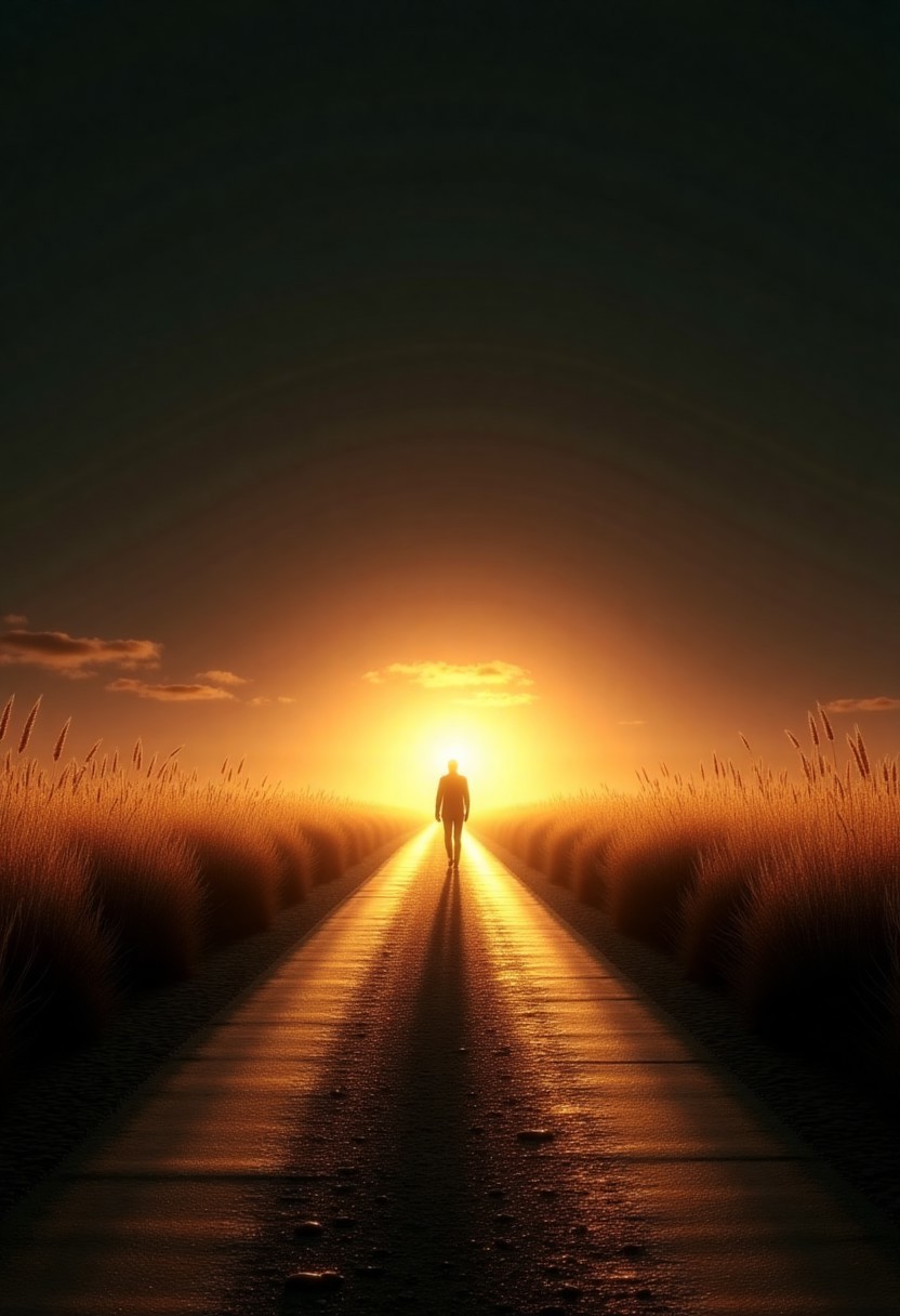 This is a photograph capturing a solitary figure walking away from the camera on a deserted road at dawn or dusk. The road is flanked by tall, golden grasses illuminated by the sun, casting a magical glow that forms a halo around the person. The sky is dark, almost black, creating a stark contrast that feels almost CGI in its precision. The figure appears small and indistinct, as though part of an ethereal dreamscape rather than a real place. The composition carries a mystical, otherworldly quality—serene and contemplative, yet tinged with something surreal. It’s a dreamlike moment, suspended in time, where light and shadow shape a world that feels just slightly out of reach.
