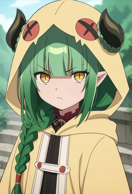 score_9, score_8_up, score_7_up, source_anime, valefor, green hair, long hair, yellow eyes, braid, demon horns, 1girl, solo, pointy ears, hood, closed mouth, looking at viewer, anime coloring, hood up, slit pupils, blunt bangs, v-shaped eyebrows, outdoors
