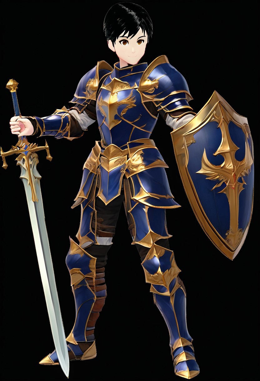 harmard, black hair, short hair, brown eyes, 1boy, solo, solo focus, teen, equip heavy knight armor, metalic blue armor theme, (right hand holding a sword:1.20), standing pose, solo, full body, happy expression, sword and shield, castle in the background