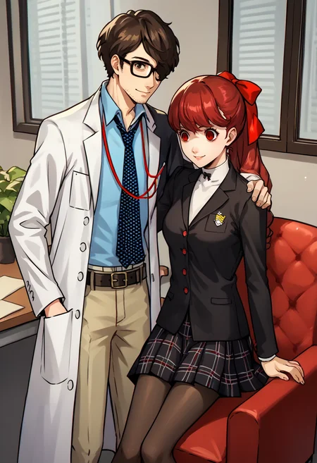 score_9, score_8_up, score_7_up, source_anime, 1boy, standing, 1girl, sitting, indoors, office, hand on another's shoulder BREAK
looking at viewer, closed mouth, smile, hand in pocket, <lora:MarukiP5-pdxl:1> marukiP5, glasses, labcoat, lanyard, blue shirt, necktie, stubble, belt, pants, BREAK
armchair, shaded face, empty eyes, smile, <lora:KasumiP5-pdxl:1> defSumi, long hair, ponytail, red hair bow, school uniform, black blazer, medium breasts, white turtleneck, bowtie, plaid skirt, pleated skirt, black pantyhose