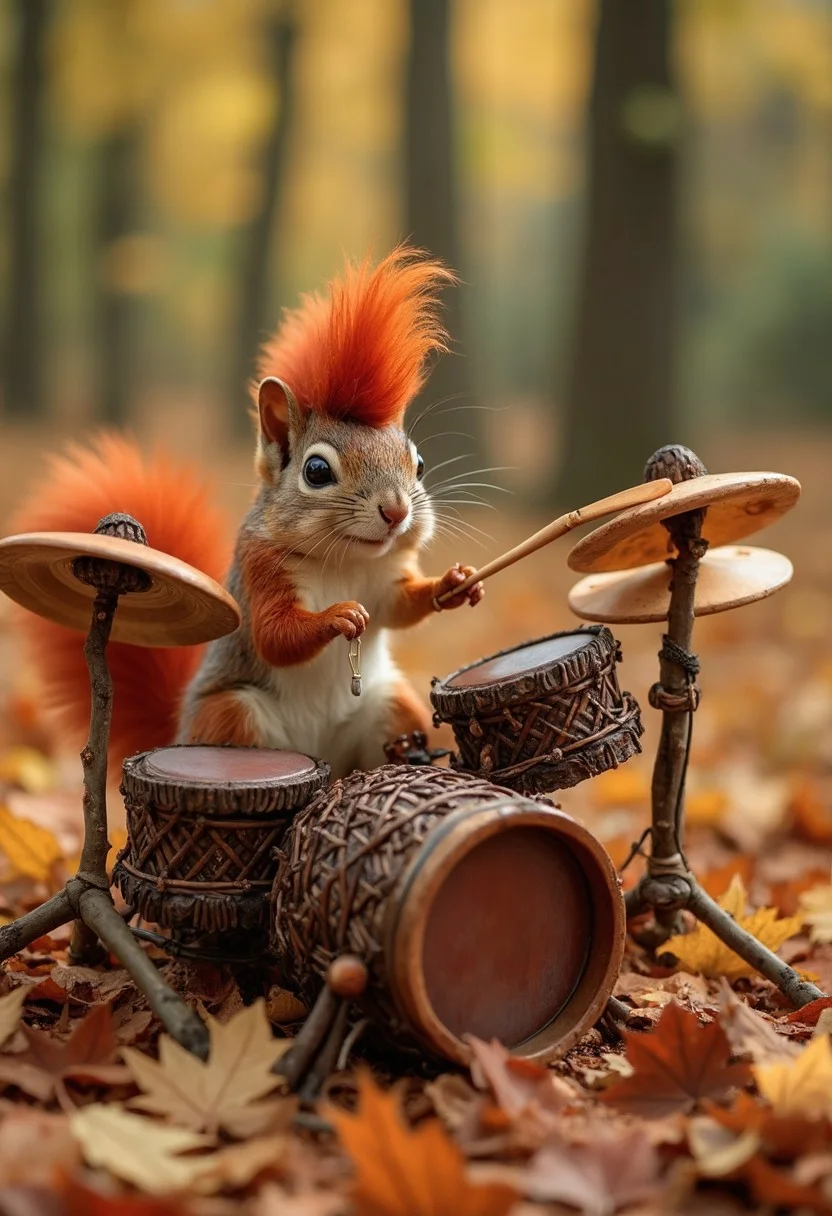 A professional photograph of a quirky squirrel with a fiery red mohawk, energetically playing a whimsical drum set in a vibrant autumn forest. The drum kit is entirely imagined, with bass drums made from hollowed, oversized chestnuts that have been polished to a gleaming finish. The snare drum is crafted from a woven basket of intertwined twigs and leaves, producing a crisp, earthy sound. Cymbals are formed from large, dry maple leaves, their edges curled and textured, hanging on thin branch stands. Smaller acorns serve as tom-toms, and the hi-hat is composed of overlapping oak leaves, delicately stacked on a twig frame. Every element of the drum set is organic, blending seamlessly into the forest floor, which is blanketed in a rich layer of autumn leaves, as the squirrel’s paws expertly tap the instruments, filling the scene with the imagined rhythm of nature