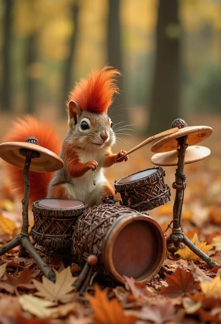 A professional photograph of a quirky squirrel with a fiery red mohawk, energetically playing a whimsical drum set in a vibrant autumn forest. The drum kit is entirely imagined, with bass drums made from hollowed, oversized chestnuts that have been polished to a gleaming finish. The snare drum is crafted from a woven basket of intertwined twigs and leaves, producing a crisp, earthy sound. Cymbals are formed from large, dry maple leaves, their edges curled and textured, hanging on thin branch stands. Smaller acorns serve as tom-toms, and the hi-hat is composed of overlapping oak leaves, delicately stacked on a twig frame. Every element of the drum set is organic, blending seamlessly into the forest floor, which is blanketed in a rich layer of autumn leaves, as the squirrel’s paws expertly tap the instruments, filling the scene with the imagined rhythm of nature