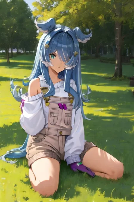 solo, 1girl, solo_focus, (((masterpiece))), ((best quality)), ((ultra-detailed)), high resolution, absurdres, highres, ultra-detailed 8k unity wallpaper,
elira1st, long sleeves, overalls, white sweater, off shoulder, grey gloves, one eye covered, overall shorts
