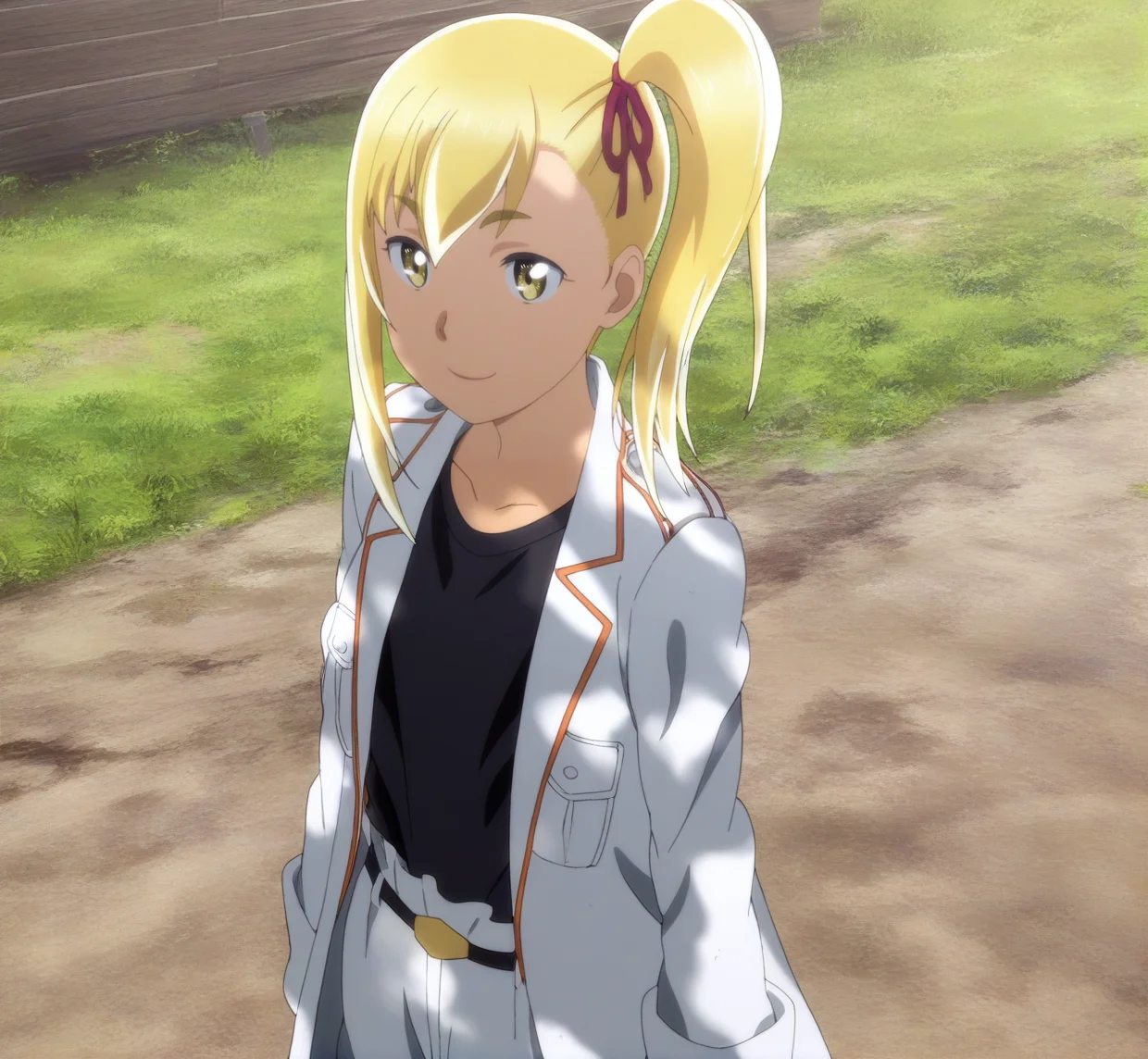 sharp focus, masterpiece, source_anime, (anime_screencap:1.2), absurd res, best quality, BREAK
<lora:Anzu_hinamatsuri_IL_v0.8:1>, anzu_il, 1girl, solo, blonde_hair, right_side_bang, hair_between_eyes, side_ponytail, yellow_eyes, hair_ribbon, white_jacket, long_jacket, black_shirt, belt, white_pants, cowboy shot, outside, arms_at_sides, faint smile, facing viewer