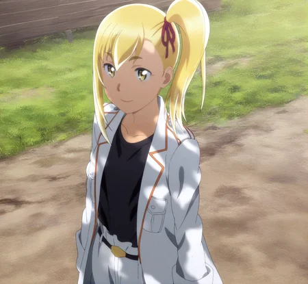 sharp focus, masterpiece, source_anime, (anime_screencap:1.2), absurd res, best quality, BREAK
<lora:Anzu_hinamatsuri_IL_v0.8:1>, anzu_il, 1girl, solo, blonde_hair, right_side_bang, hair_between_eyes, side_ponytail, yellow_eyes, hair_ribbon, white_jacket, long_jacket, black_shirt, belt, white_pants, cowboy shot, outside, arms_at_sides, faint smile, facing viewer