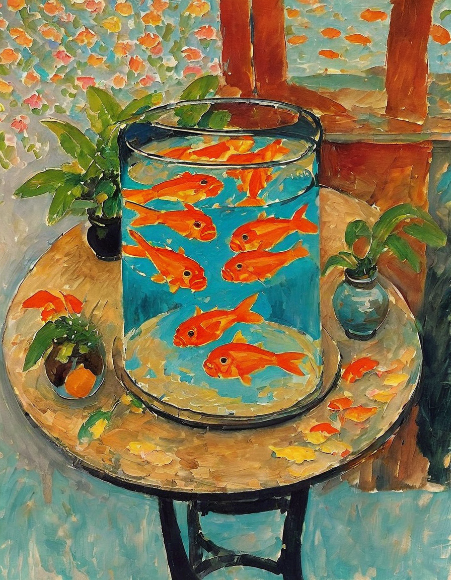 <lora:m4t1:1>m4t1 goldfish in fishbowl on a table
thick paint, brush strokes