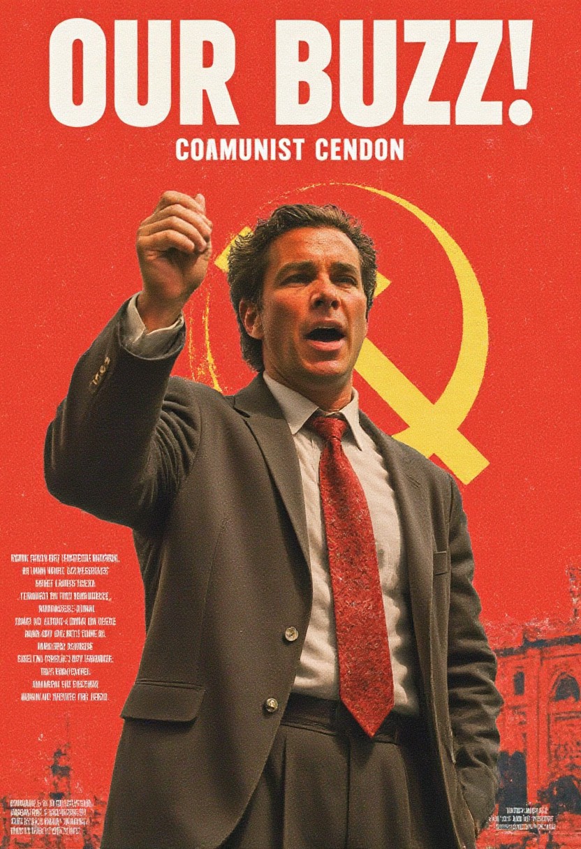 This image is a photo poster of a communist propaganda, text "Our BUZZ!" on it, realistic communist propaganda poster