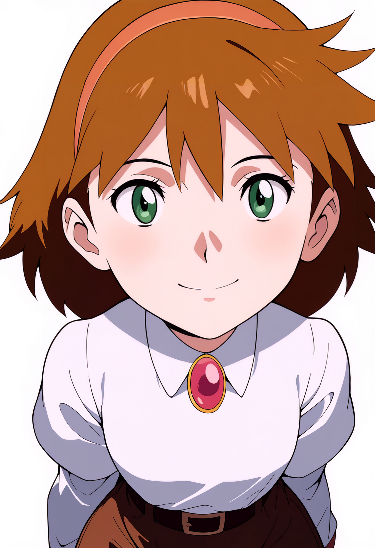 masterpiece, best quality, very aesthetic, absurdres,
1girl, janebuxton, brown hair, short hair, green eyes, hairband, 
brooch, white shirt, brown shorts, belt, 
upper body,
looking at viewer, solo, smile, simple background, white background,    <lora:JaneBuxtonNoobXL_byKonan:1>