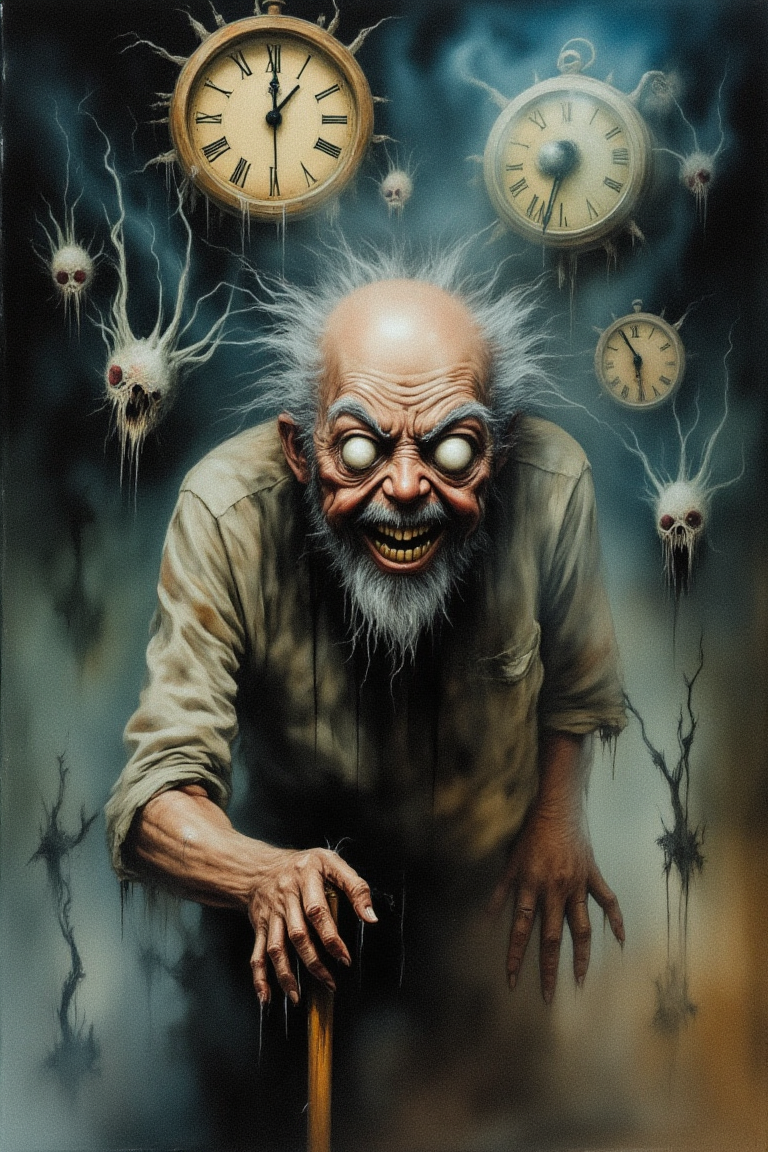 The scene is a portrait of an old man, his face deeply lined with age and etched with the hardships of a long life. He leans heavily on a worn wooden cane, his posture suggesting frailty and weariness. His eyes are milky white, clouded with blindness, yet above his head swirls a breathtaking panorama of surreal visions. Melting clocks drape themselves over twisted trees, impossible geometries defy the laws of physics, and chimeric beasts prowl through landscapes that shimmer and shift like desert mirages. These visions are rendered in vivid colors and sharp detail, contrasting sharply with the muted tones and weathered textures of the old man's physical form. The surrounding air seems to hum with a subtle energy, a tangible manifestation of his inner world. The scene should evoke a sense of profound mystery and the boundless power of imagination, contrasting the limitations of physical perception with the limitless potential of the mind. The visual style should draw inspiration from the dreamscapes of Salvador Dali, with its melting clocks and distorted realities, while also incorporating the poignant realism of Andrew Wyeth in the depiction of the old man, emphasizing his vulnerability and the weight of his years. Render this with a shallow depth of field, focusing sharply on the old man's face and hands, while allowing the surreal visions above his head to swirl and flow with a sense of ethereal movement.
Dark Art