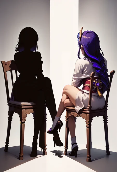 score_9, score_8_up, score_7_up, silhouette, simple background, <lora:Silhouette_SakuraTaisen_pdxl_Incrs_v1:1>, [2girls:1girl, solo:4], raiden shogun, sitting, chair, crossed legs,
