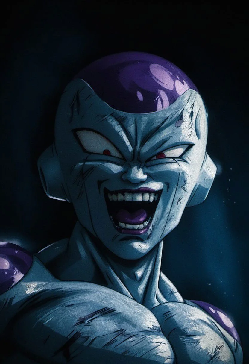 (best quality, masterpiece, detailed, highly detailed face) of a haunting scene with Freezer smile in a battle . Emphasize atmosphere, high contrast, and interplay of shadow and light, colorful, detailed face perspective from below