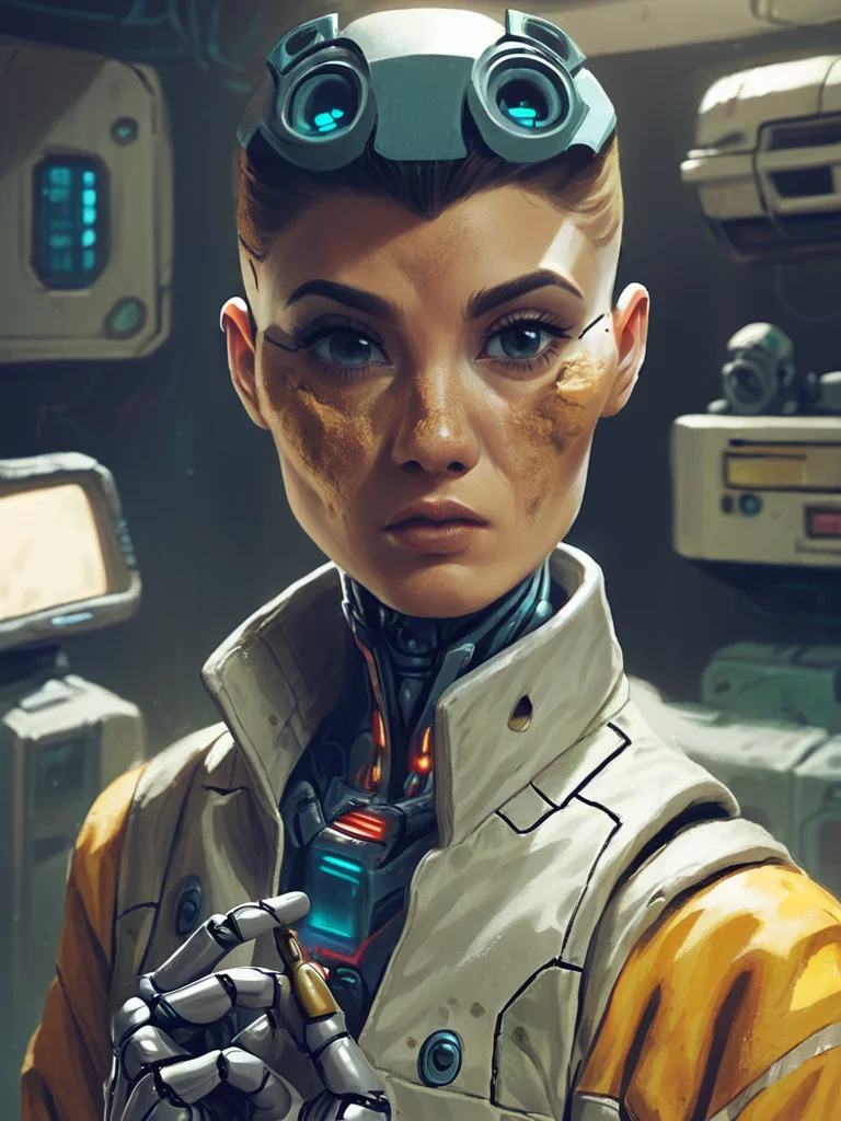 solo retro robot worker indoors scene, cyberpunk, visit spaceport, mechanical joints, dust dirt, repairing teleport
pny-safe