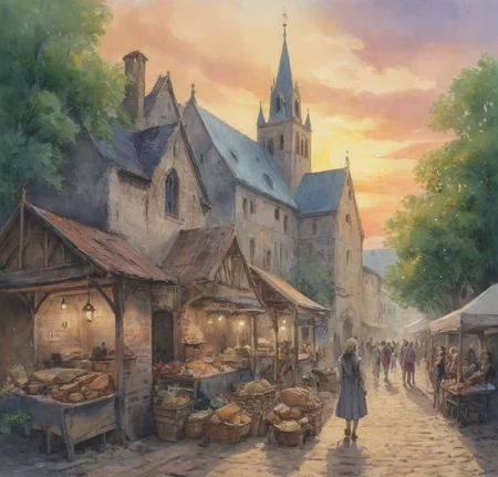 DRAWING, painting <lora:watercolor_v1_sdxl:1>, <lora:xl_more_art-full_v1:0.5>, anime, pastels, <lora:Dreamyvibes:0.5> Dreamyvibes, countryside, medival city, forest, sunset, city center, market, medival woman selling on market, Market, shopping stand, woman selling bread, tribal, old, old church in background, paving, tenement