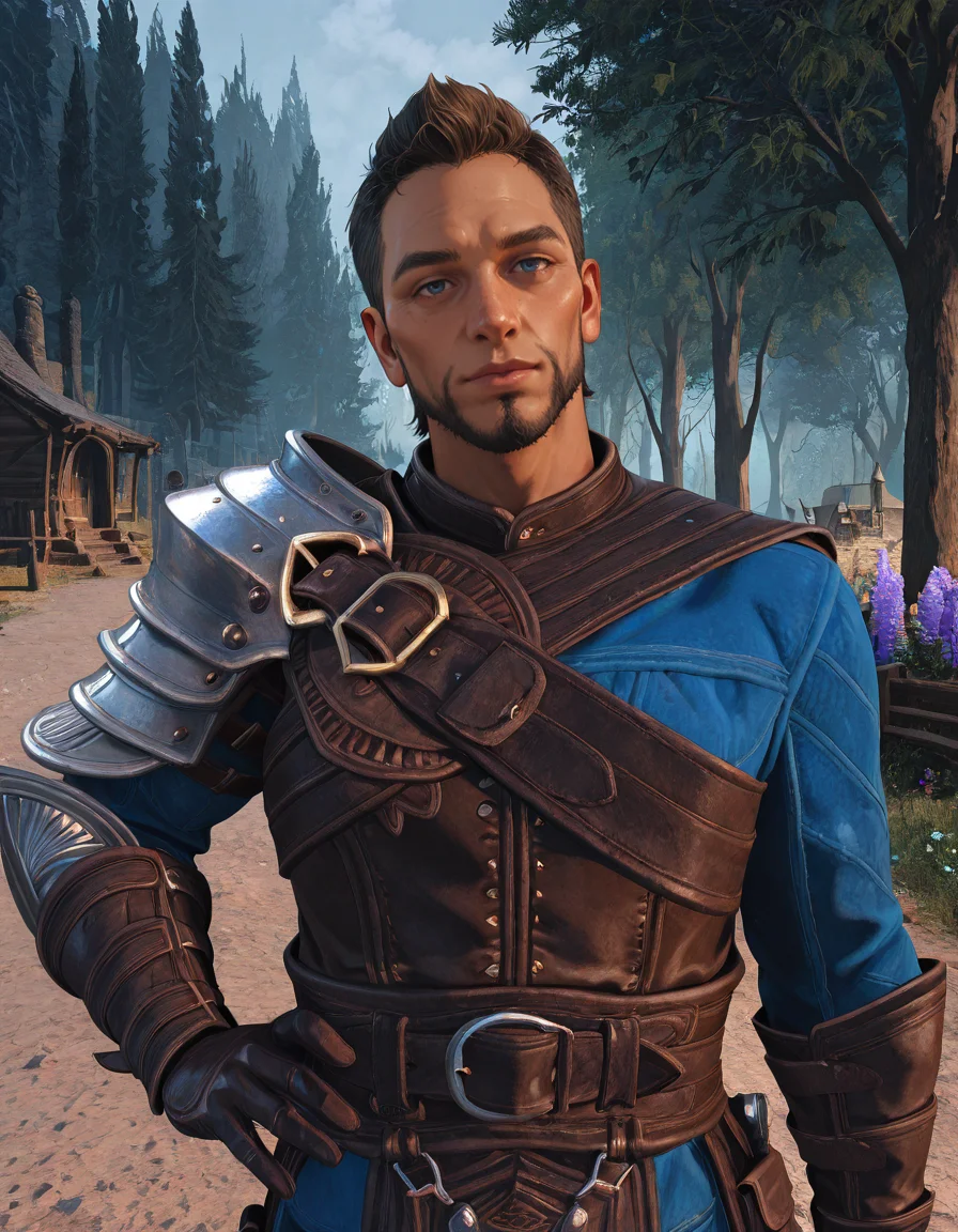 masterpiece, best quality, absurdres, newest, perfect quality, best quality, absolutely eye-catching, detailed background, intricate details, male focus, solo, realistic, <lora:Dragon Age Veilguard - Warden Tomasz - Illustrious_2-000004:0.8>, wtomasz, short hair, dark blonde hair, 1boy, mature male, blue eyes, looking at viewer, head tilt, no mustache, single pauldron, leather tunic, leather gauntlets, chest belt, leather belt, outdoors, village, trees, flowers, upper body, hand on own hip, head tilt, looking at viewer, contrapposto