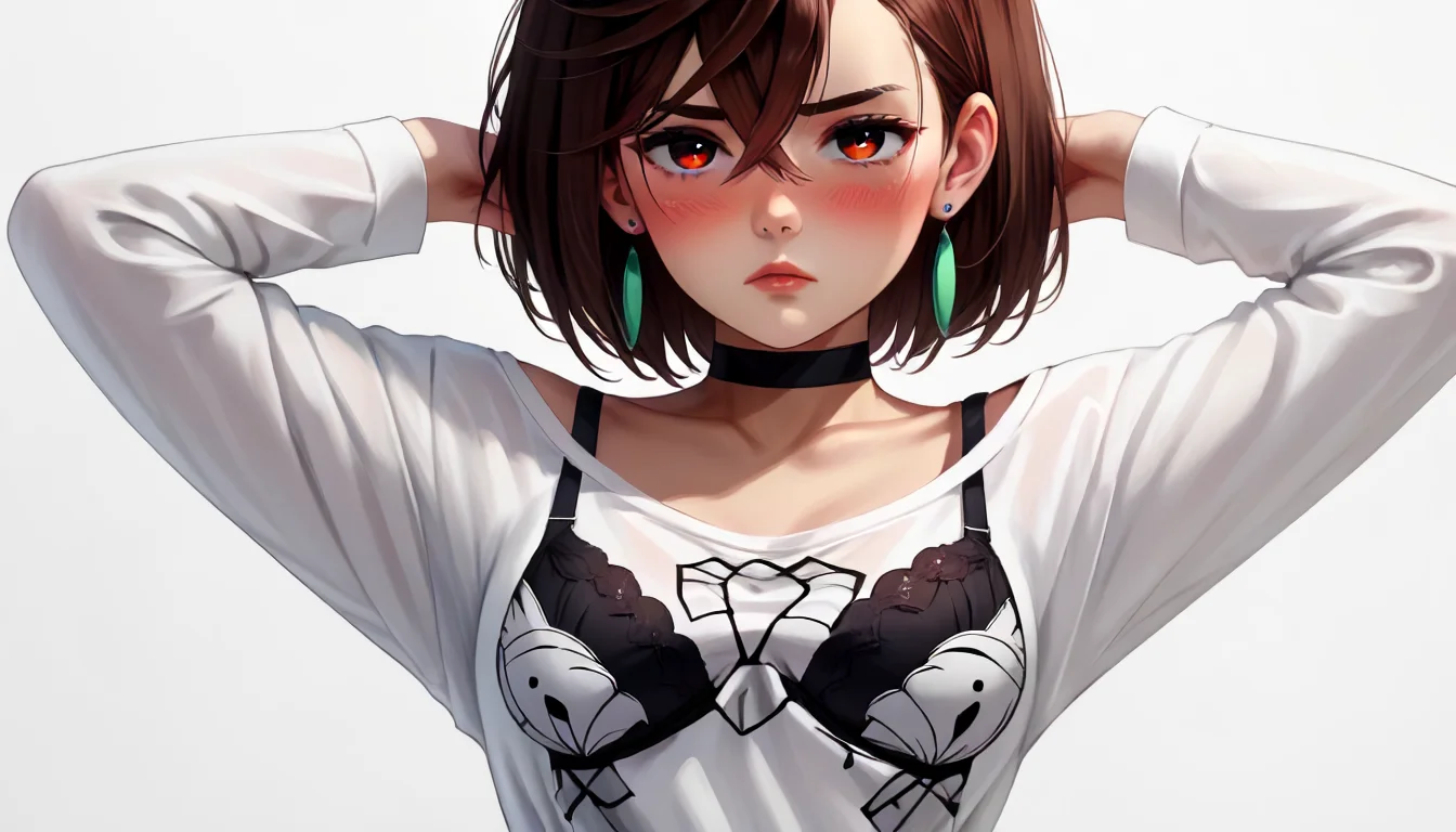 1score_9,score_8_up,score_7_up,score_6_up,score_5_up,score_4_up,(beautiful eyes),(thin),(perfect eyes),<lora:Ayase_Momo_Dandadan_pony:0.7>,ayase_momo_dandadan,girl,arms behind head,black choker,black skirt,blush,bra strap,brown eyes,brown hair,choker,earrings,jewelry,long sleeves,looking at viewer,medium breasts,outstretched arm,pendant earring,print shirt,red eyes,short hair,simple background,solo,white background,white shirt,