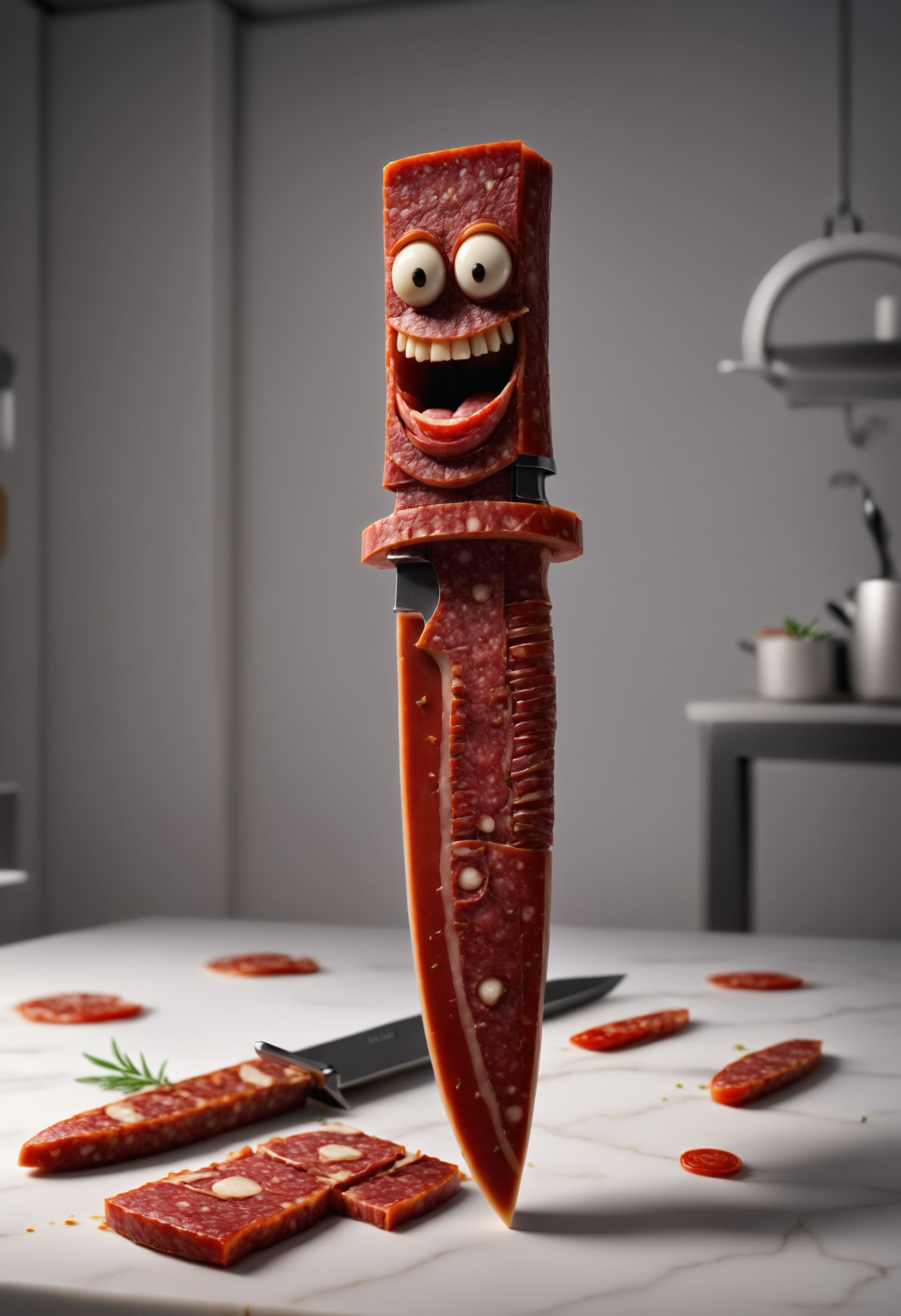 an upside down anthropomorphic knife smiling, accurate, unreal engine, 4k   <lora:dvr-slm:1> dvr-slm