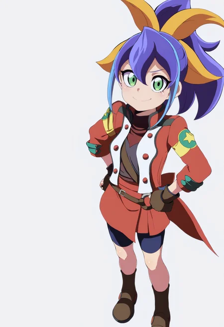 best quality, amazing quality, very aesthetic, absurdres, thick lineart,
1girl, celina, blue hair, ponytail, hair bow, two-tone hair, green eyes,
academy uniform, bike shorts, jacket, boots, fingerless gloves,
standing, hands on hips, full body,
smile, looking at viewer, solo, simple background, white background,  <lora:CelinaSerenaNoobXL_byKonan:1>