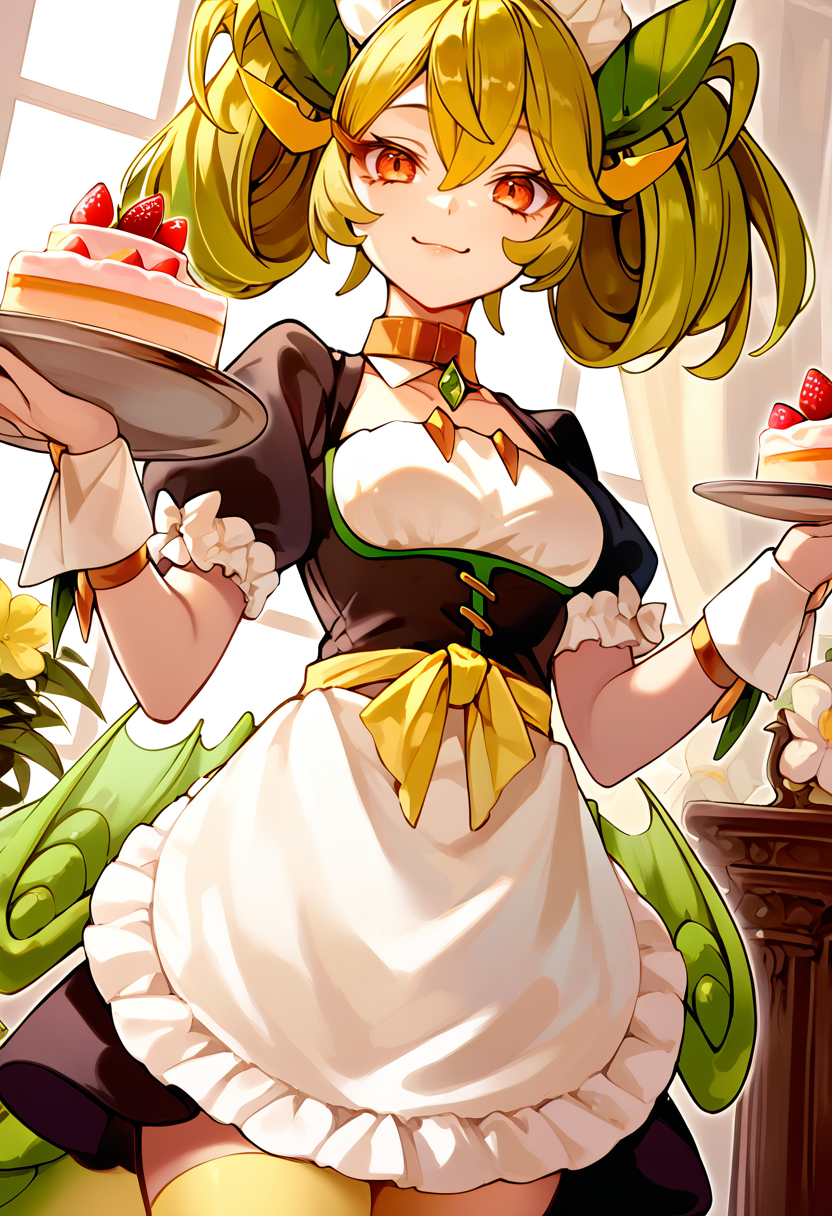 (score_9:0.9),score_8_up,score_7_up,anime style,rating_safe,(zPDXL),<lora:parlor dragonmaid ponyXL v2:0.8>,wrist cuffs,parlor dragonmaid,maid costume,yellow thigh boots,1girl,solo,food,holding,cake,flower,looking at viewer,plate,tray,indoors,holding tray,smile,closed mouth,holding plate,table,collar,cowboy shot,standing,green wings,