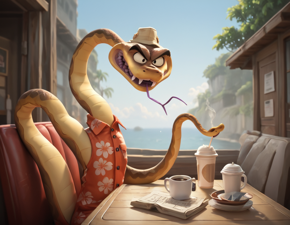 	score_9, score_8_up, score_7_up, score_6_up, rating_questionable, source_anime, best quality, extremely detailed, detailed face, detailed body, 12k, beautiful eyes, masterpiece, anime screencap, male
outside, feral, Snake,( tail, scales, , ) (brown eyes,) (pointed teeth,) , , Hawaii shirt , hat, looking at view, have coffee
