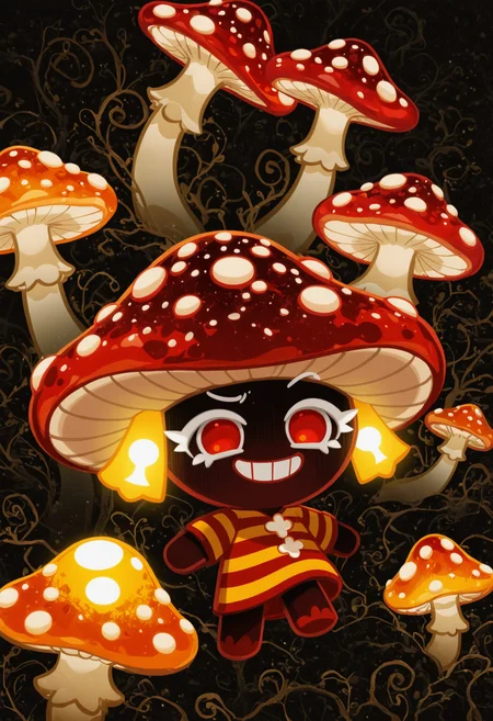 masterpiece,best quality,amazing quality,
colored eyelashes,white eyelashes,
1boy,bright red and white striped clothing,colorful hair with red,orange,and yellow stripes,mushroom-themed accessories,sinister pose,solo,full body,dark,mystical background,(poison theme:1.1),(mushroom theme:1.1),holding a small,ornate box with a fly agaric mushroom lid,surrounded by an aura of danger and deception,with a few subtle,glowing mushrooms growing around them,and a mischievous,cunning grin,
crk1styl111,<lora:lycoris:1>,(chibi:1.4),