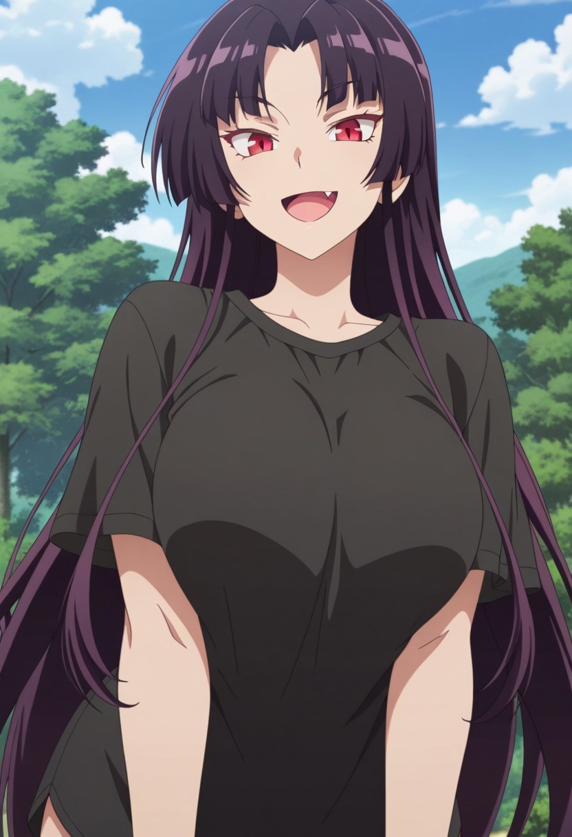 masterpiece,best quality,amazing quality, wridra, red eyes, long hair, dark purple hair, 1girl, solo, anime coloring, fang, sky, day, smile, cloud, open mouth, tree, outdoors, looking at viewer, black shirt