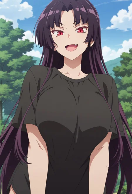 masterpiece,best quality,amazing quality, wridra, red eyes, long hair, dark purple hair, 1girl, solo, anime coloring, fang, sky, day, smile, cloud, open mouth, tree, outdoors, looking at viewer, black shirt