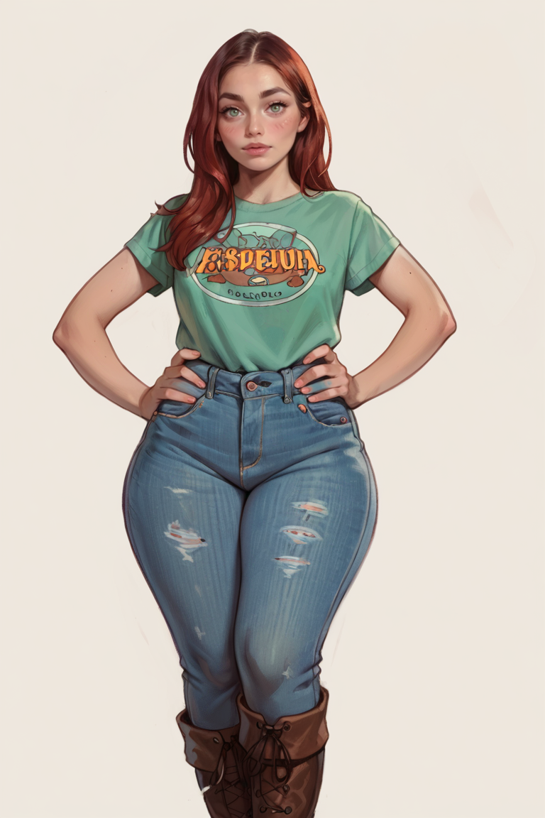 <lora:RealMix16:1>, score_9, score_8_up, score_7_up, score_6_up, score_5_up, rating_questionable, source cartoon
1girl, pretty face, pretty eyes, detailed eyes, HD eyes, thick thighs
hands on hips, standing, cowboy shot
looking at viewer, blush, eyebrows, long hair, red hair, green eyes jeans, green t-shirt, boots, high waisted jeans
simple background, white background