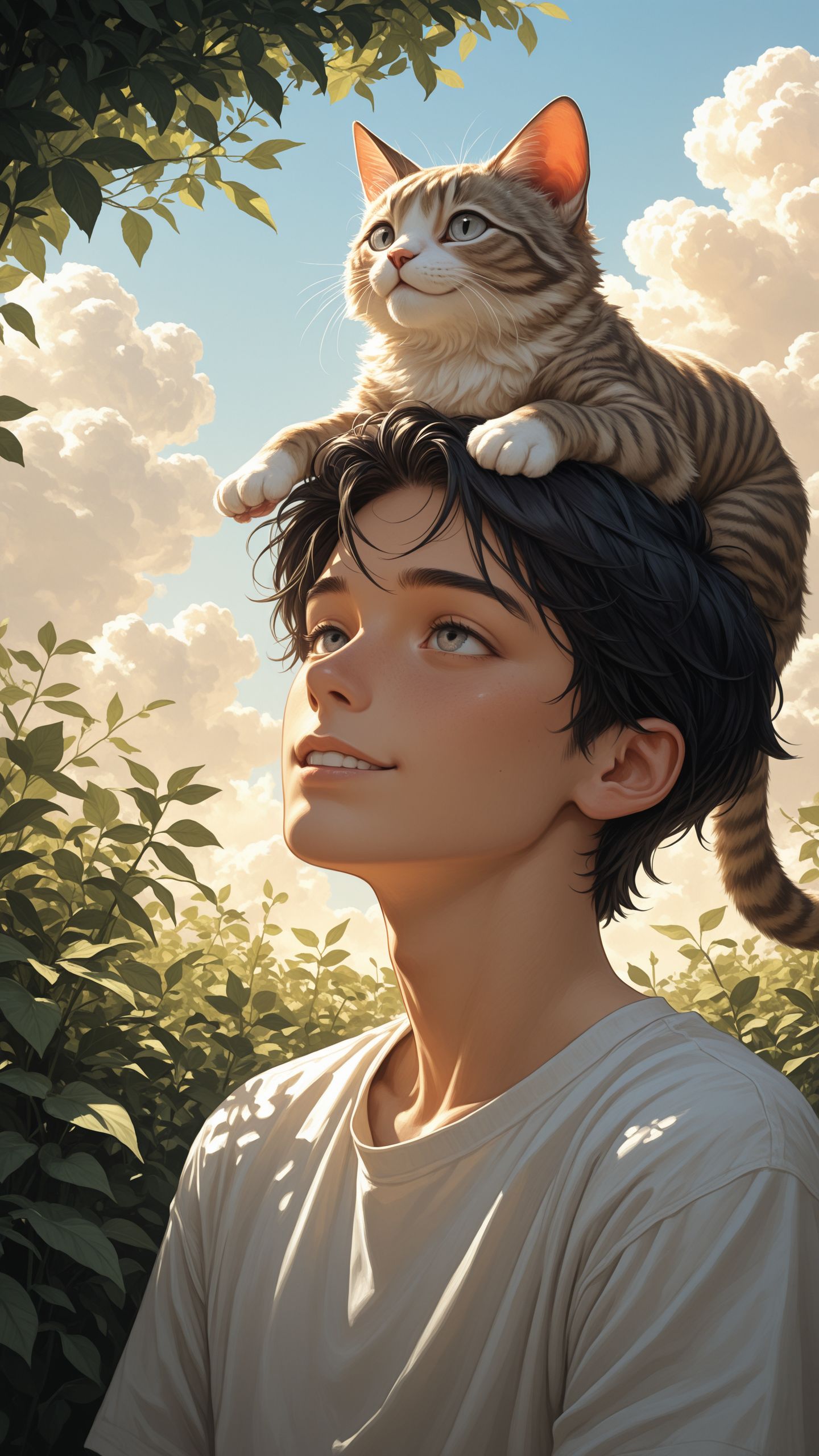 1boy, portrait, (painterly:1.3), <lora:add-detail-xl:1>,
masterpiece,best quality, amazing quality,
black hair, tousled hair, short hair, grey eyes, detailed eyes, wearing a white shirt, short sleeves, tabby cat on his head, smile, tickling cat,
serene expression, dappled sunlight, intricate shadows, surrounded by green foliage, deep blue sky in background, fluffy clouds, warm lighting, natural lighting, tranquil atmosphere, harmonius, dreamy aesthetic, poetic,
looking away, looking up, looking upwards