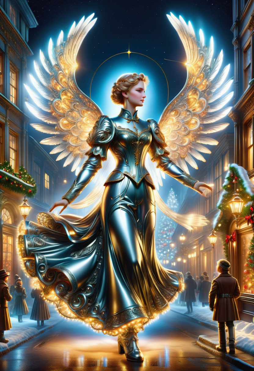 hyper detailed masterpiece, dynamic, awesome quality, DonMSt33lM4g1cXL christmas eve art, victorian era, angels, warm and inviting, christmas lights, colorful and illuminated streets during the night, made of steel, shiny  <lora:DonMSt33lM4g1cXL-v1.1-000008:1>