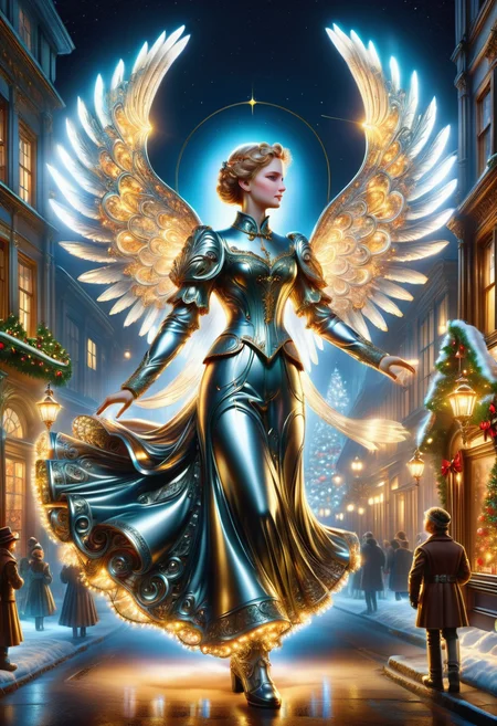 hyper detailed masterpiece, dynamic, awesome quality, DonMSt33lM4g1cXL christmas eve art, victorian era, angels, warm and inviting, christmas lights, colorful and illuminated streets during the night, made of steel, shiny <lora:DonMSt33lM4g1cXL-v1.1-000008:1>