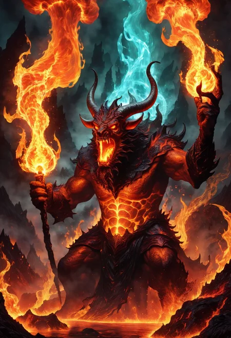 ferrous fire breathing, ghoulish, ghastly horned elemental in a hellish fiery lava filled environment. decimating everything in rage all around it while in the foreground A single wizard figure is using magic to manipulate water to extinguish fires and battle the beast. OverallDetailXL