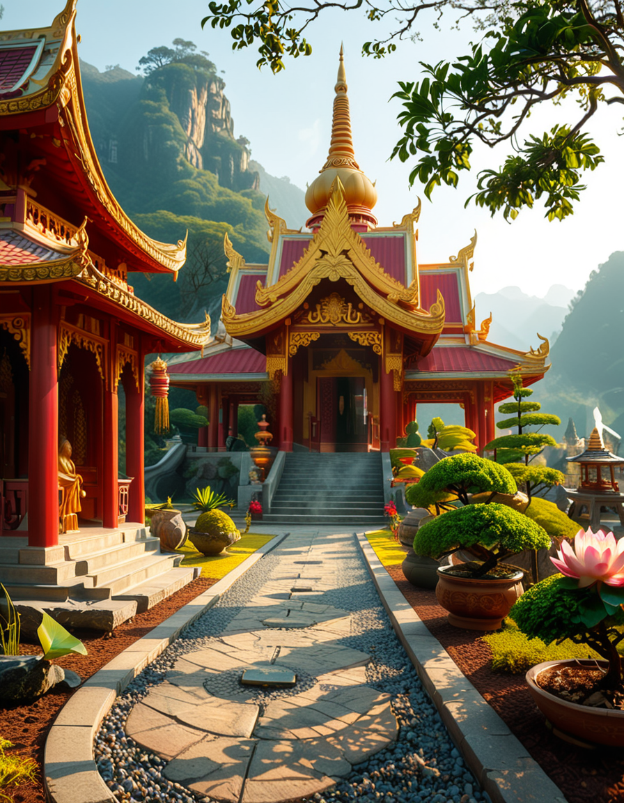 A majestic Buddhist temple nestled in a lush, misty mountain landscape. The temple features traditional curved rooftops with golden ornaments, intricate wooden carvings, and red and gold-painted walls. Large prayer flags in vibrant colors flutter in the wind, adding a spiritual atmosphere. A long stone staircase, partially covered in moss, leads to the main entrance, where a pair of large guardian statues stand watch. The scene is bathed in soft morning light, with gentle rays filtering through the mist, creating a serene and mystical ambiance. The background consists of towering green mountains and a sky with soft pastel hues. In the foreground, a Buddhist monk in deep orange robes walks peacefully along a stone pathway, holding a string of prayer beads. The overall composition conveys a sense of tranquility, spirituality, and harmony with nature.
<lora:SDXLFaeTastic2400:0.4> <lora:extremely_detailed:0.4> extremely detailed,<lora:Buddhist_t3mpl3:1>,Buddhist t3mpl3, Masterpiece,best quality,hi res,8k,hi res,8k,award winning,(sharp focus, intricate, highly detailed),