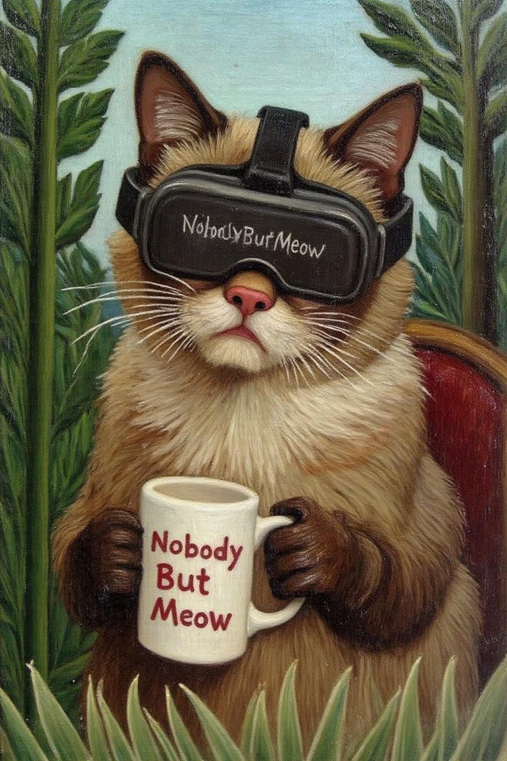 henrou1 painting
Grumpy Cat holding a coffee mug, wearing a VR Headset. The mug has the phrase "NobodyButMeow" printed <lora:henrou1_jungle_cap_d6a3e14:1.0><lora:817689132659831214:0>