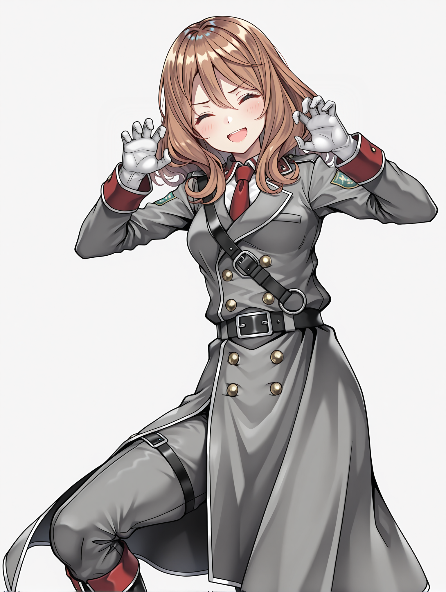 masterpiece,best quality,newest,
1girl,solo,
<lora:rail_clave_ilxl_v1.2:1>,rail_clave,brown hair,
r_uniform,red necktie,ä¸æ§åå¸,military uniform,white gloves,belt,grey pants,knee boots,
<lora:Fixhands_anime_bdsqlsz_V1:1>,face_focus,looking_at_viewer,open_stance,standing,light_blush,white_background,claw pose,laughing,closed eyes,