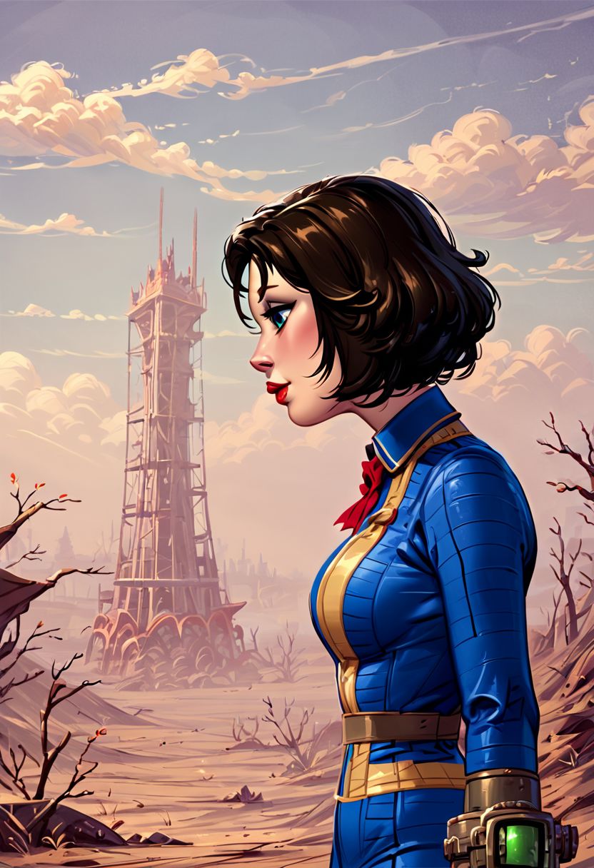 score_9,score_8_up,score_7_up,score_6_up,source anime, 1girl, Elizabeth from bioshock infinite, wearing vault suit costume, glamourous cosplay, in the fallout wasteland background, dieselpunk look, bioshock style, neon steampunk, profile shot, lofi bioshock steampunk portrait, apocalyptic fallout 76, and a pipboy on her wrist