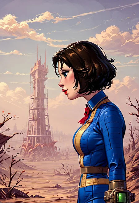 score_9,score_8_up,score_7_up,score_6_up,source anime, 1girl, Elizabeth from bioshock infinite, wearing vault suit costume, glamourous cosplay, in the fallout wasteland background, dieselpunk look, bioshock style, neon steampunk, profile shot, lofi bioshock steampunk portrait, apocalyptic fallout 76, and a pipboy on her wrist