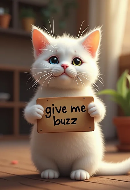cute white cat holding a sign it says "give me buzz", realistic, cinematic,bokeh
