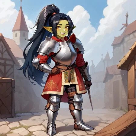1girl, black hair, ponytail, sharp teeth, enormous lips, medieval armor, closeup, goblin woman, green skin, medieval clothes, large smile, (boisterous smile, mischievous smile), Expressiveh, yellow eyes, very muscular, pointed ears, female goblin, Goblin, solo, long hair, gremlin energy, very short woman, mega ponytail, fully clothed, short stature, shortstack, ((armored boots, boots, shoulder armor, armor, pants, greaves, gloves, long sleeves)), broad shoulders, huge arms, Knight