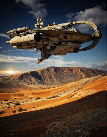 Art by Ronan Le Fur. A photo-realistic shoot from a below camera angle about a futuristic flying saucer floating over a desert landscape during sunset. the image also shows a large, metallic spaceship with a sleek, futuristic design, suspended in mid-air over a hilly landscape. on the middle of the image, the spaceship appears to be floating, with intricate details and a metallic sheen, giving it a sense of depth and dimension. the spaceship is filled with various mechanical components, including a central control panel, several smaller control panels, and several additional control panels. it is surrounded by a vast expanse of orange and yellow hues, with a few scattered clouds in the sky. the sky is a deep blue, with the sun setting in the distance, casting a warm glow over the landscape. the ground below is dry and barren, with patches of grass and shrubs scattered throughout.