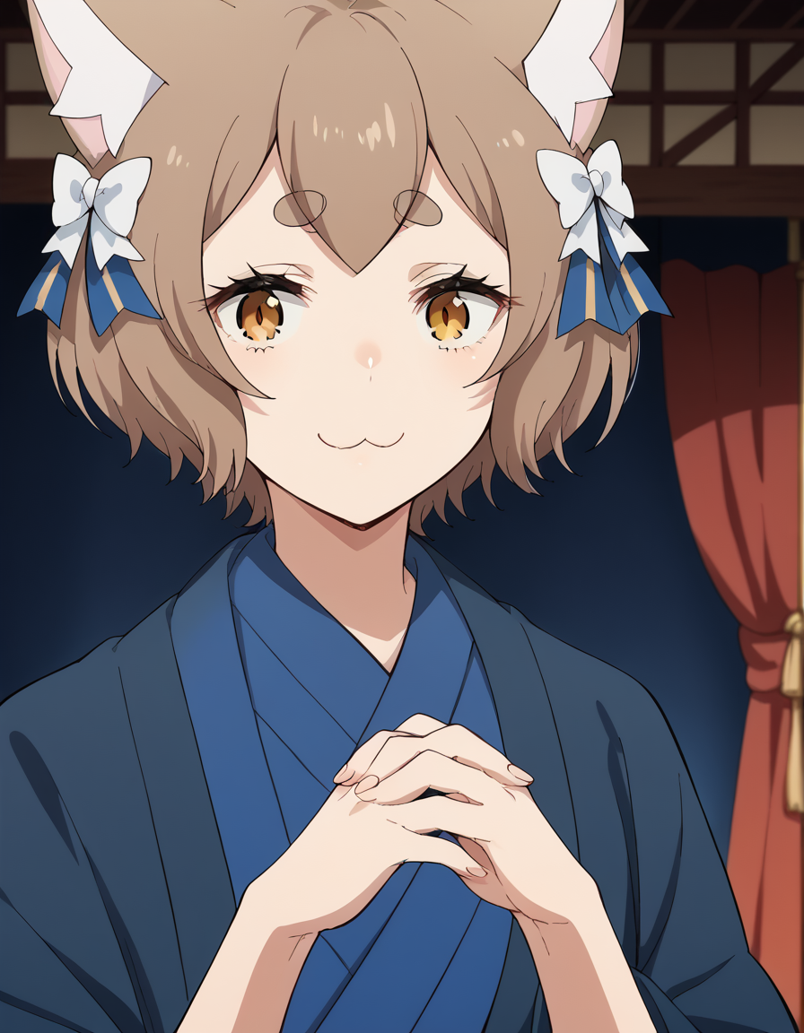 score_9, score_8_up, score_7_up, source_anime, <lora:felix-argyle-s3-p1-ponyxl-lora-nochekaiser:1>, felix argyle, short hair, bangs, brown hair, bow, animal ears, hair bow, male focus, cat ears, eyelashes, bob cut, thick eyebrows, white bow, otoko no ko,, japanese clothes, kimono, blue kimono, theater, stage, seats, performance, curtains, smile, <lora:gendou-pose-ponyxl-lora-nochekaiser:1>, gendou pose, own hands clasped, own hands together, parody,, looking at viewer, solo,, dutch angle, cowboy shot