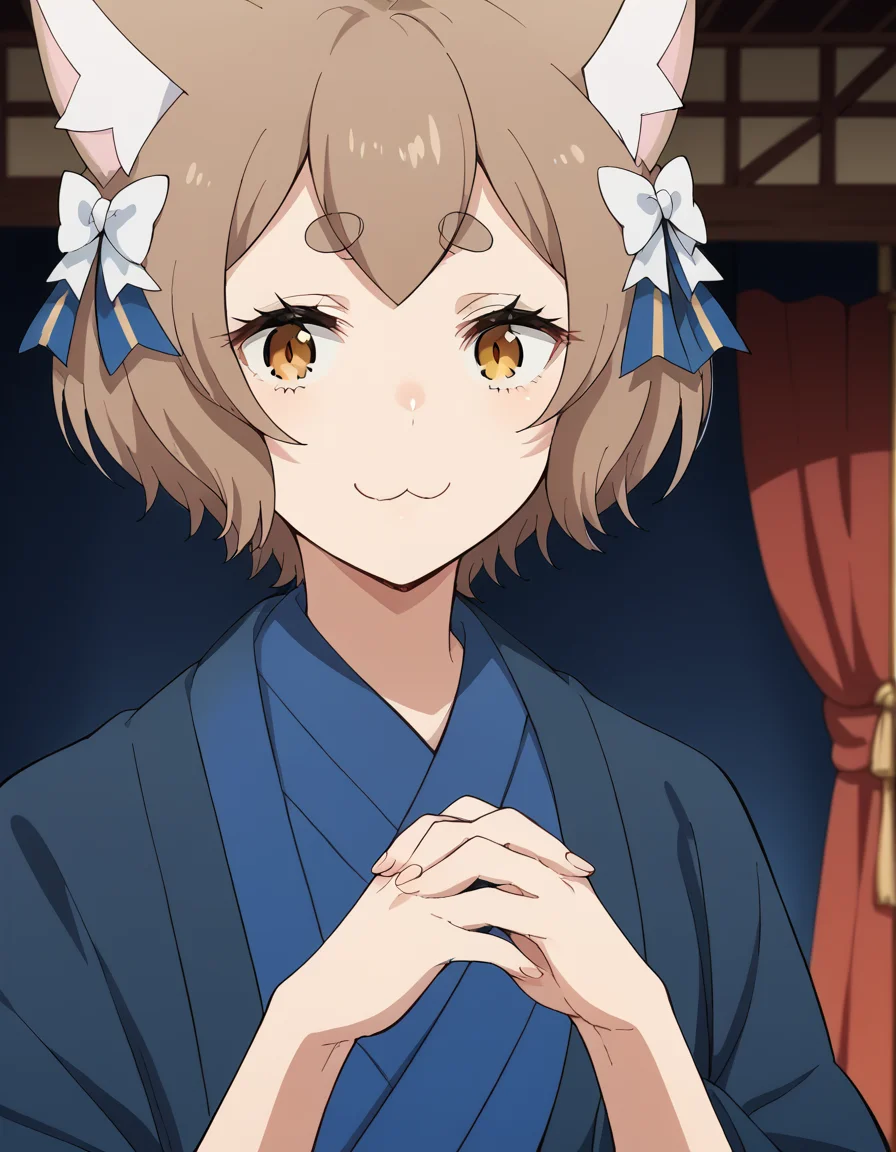 score_9, score_8_up, score_7_up, source_anime, <lora:felix-argyle-s3-p1-ponyxl-lora-nochekaiser:1>, felix argyle, short hair, bangs, brown hair, bow, animal ears, hair bow, male focus, cat ears, eyelashes, bob cut, thick eyebrows, white bow, otoko no ko,, japanese clothes, kimono, blue kimono, theater, stage, seats, performance, curtains, smile, <lora:gendou-pose-ponyxl-lora-nochekaiser:1>, gendou pose, own hands clasped, own hands together, parody,, looking at viewer, solo,, dutch angle, cowboy shot